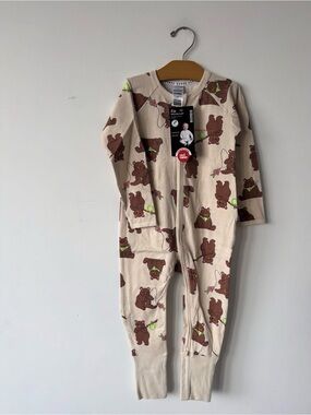 Bonds Beige Bear Print Zip Footie Pajamas with Green Accent